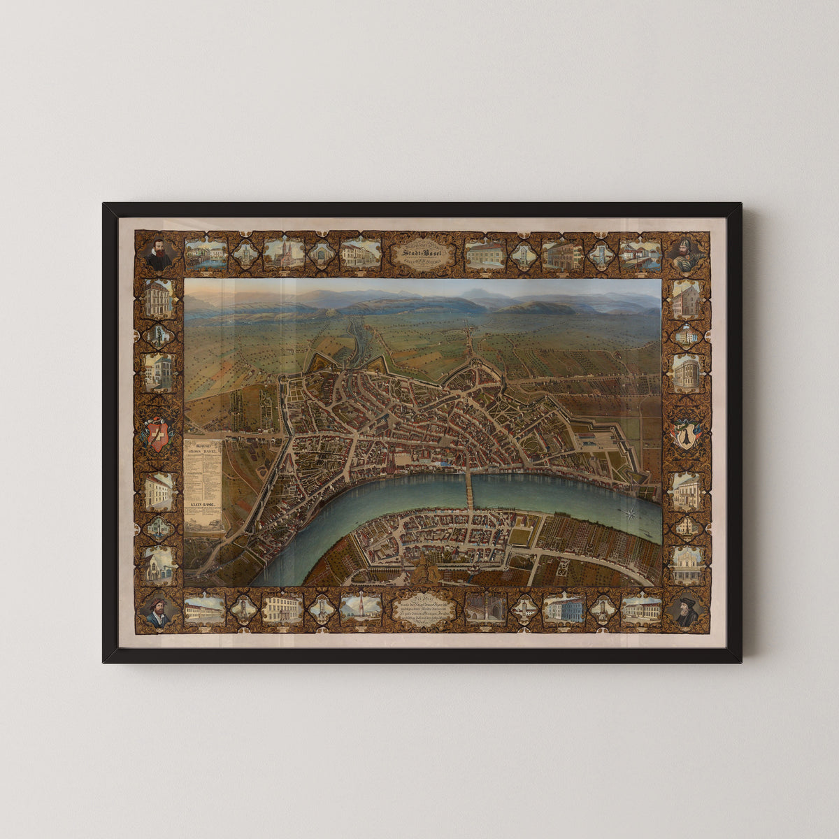Johann Friedrich Maehly — Malerischer Plan der Stadt Basel | Antique City Plan Print