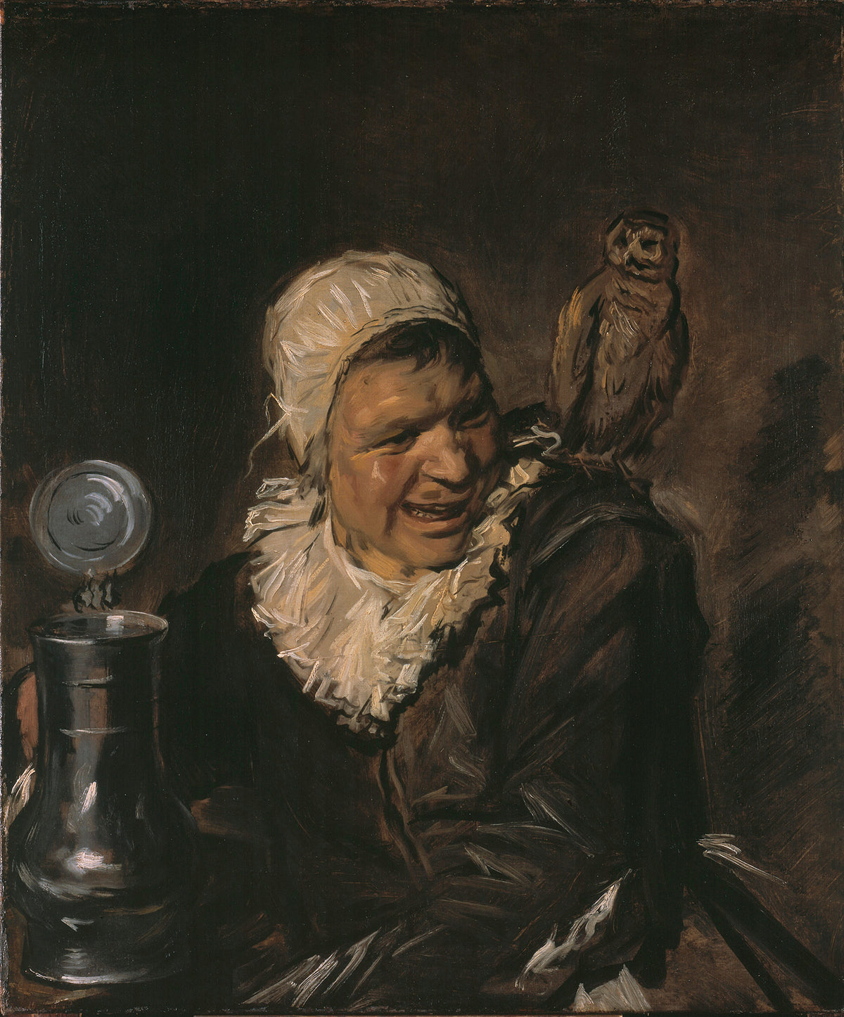 Malle Babbe by Frans Hals — A laughing woman with an owl on her shoulder and a pewter tankard