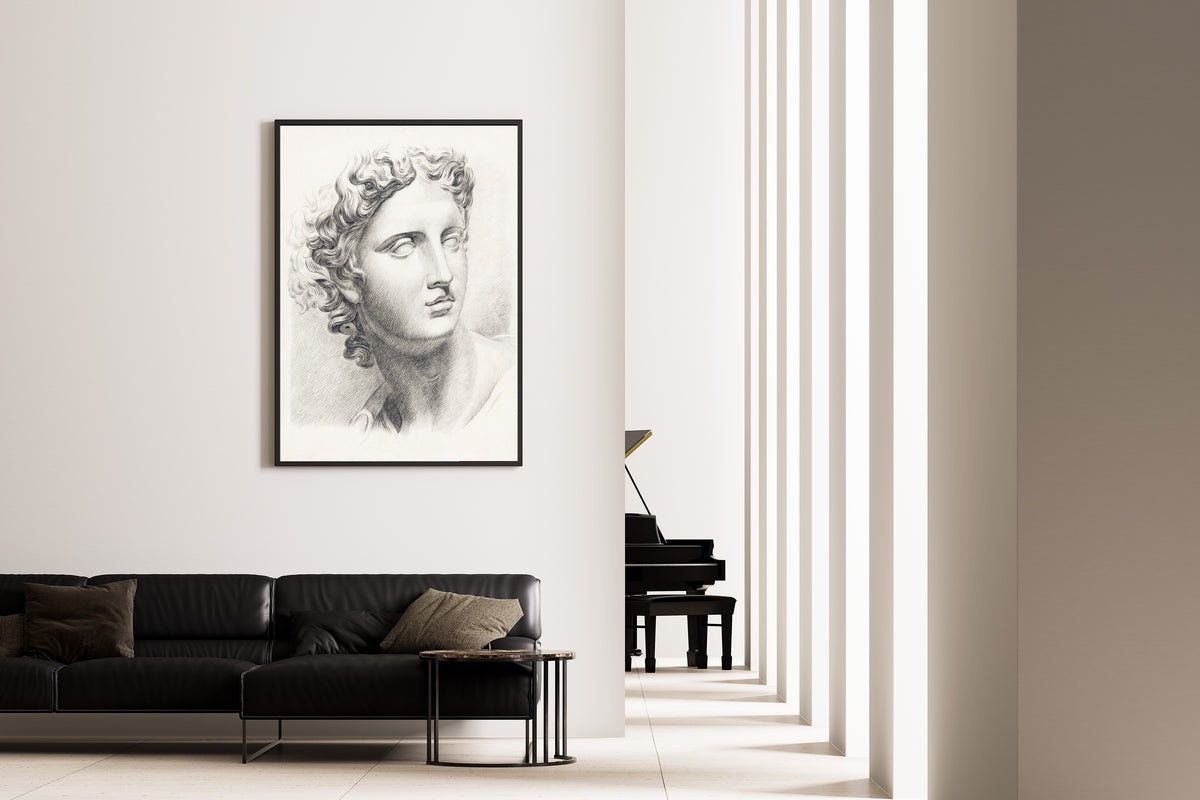 Man's Head by Johannes Tavenraat — framed on the wall of a minimal living room