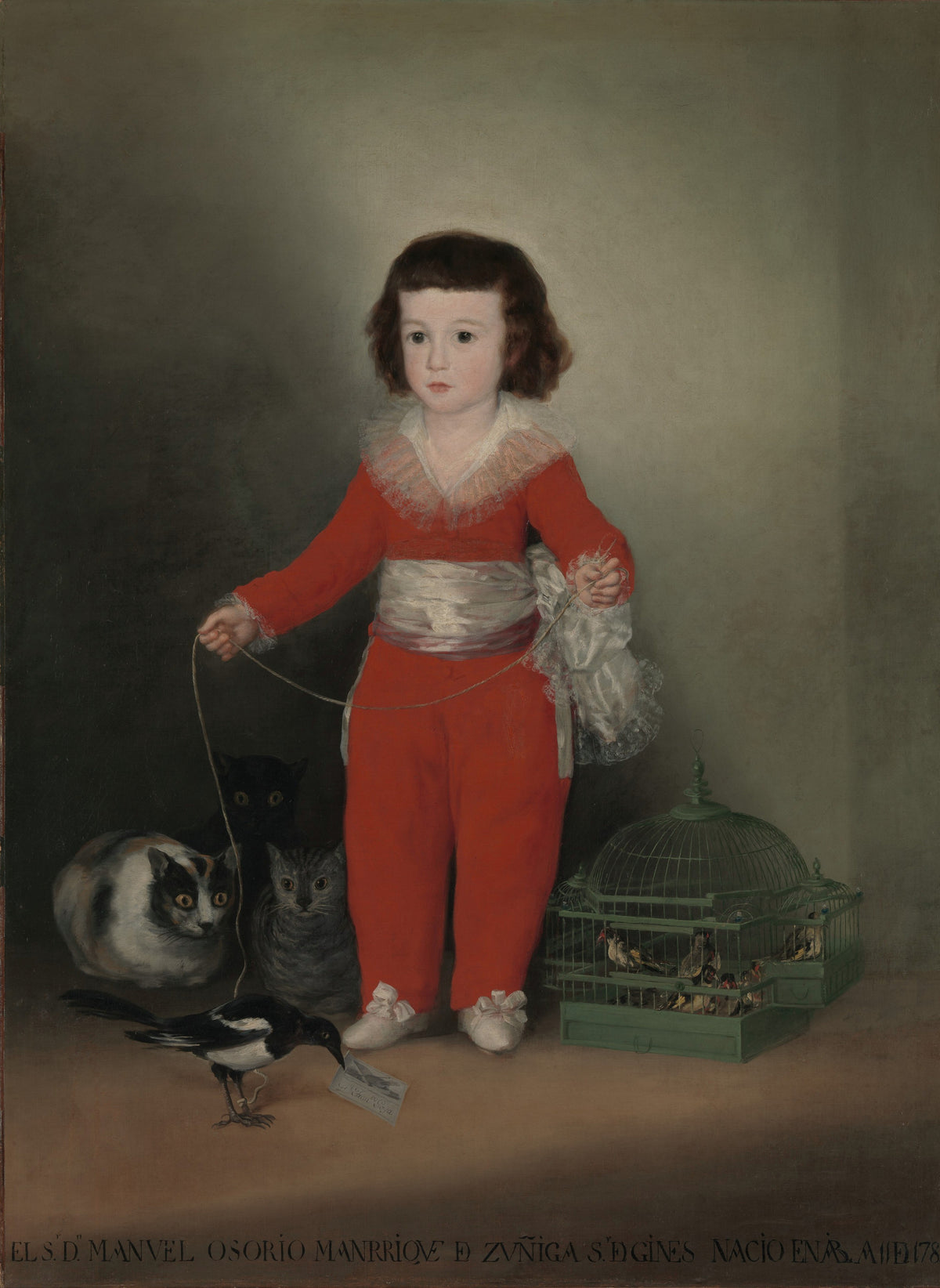 Manuel Osorio Manrique de Zuñiga (1784–1792) by Francisco de Goya — A small boy in red holds a magpie on a string as three cats watch