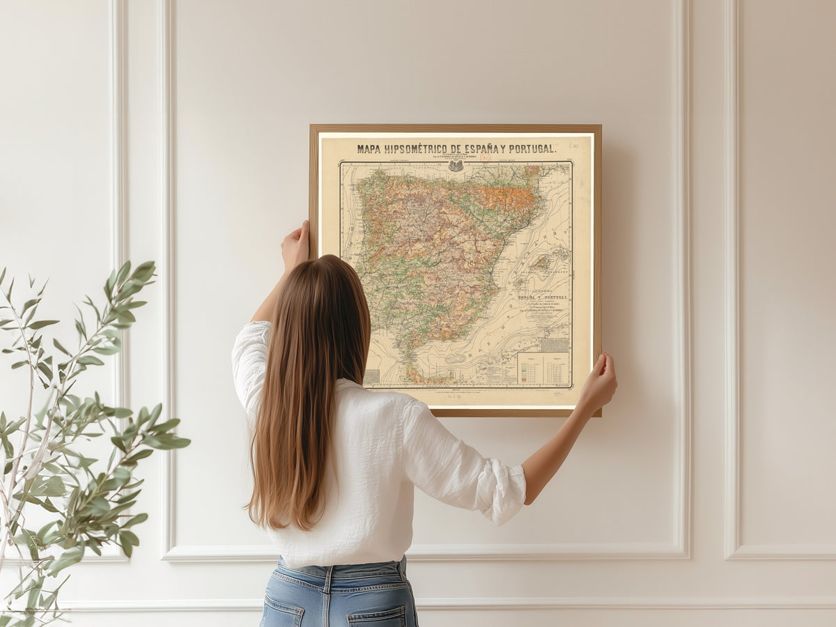 Mapa hipsométrico de España y Portugal by Federico de Botella y de Hornos — being hung, framed, on a panelled wall