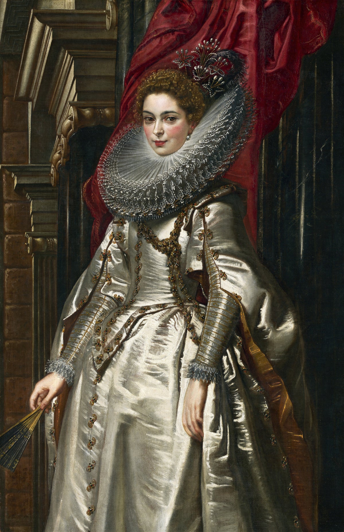 Marchesa Brigida Spinola Doria by Peter Paul Rubens — A young noblewoman in silver satin and a vast lace ruff, fan in hand