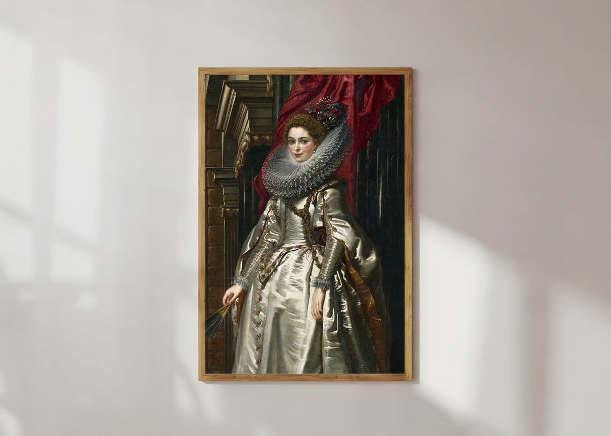 Framed art print of Marchesa Brigida Spinola Doria by Peter Paul Rubens, in a light wood frame on a sunlit white wall