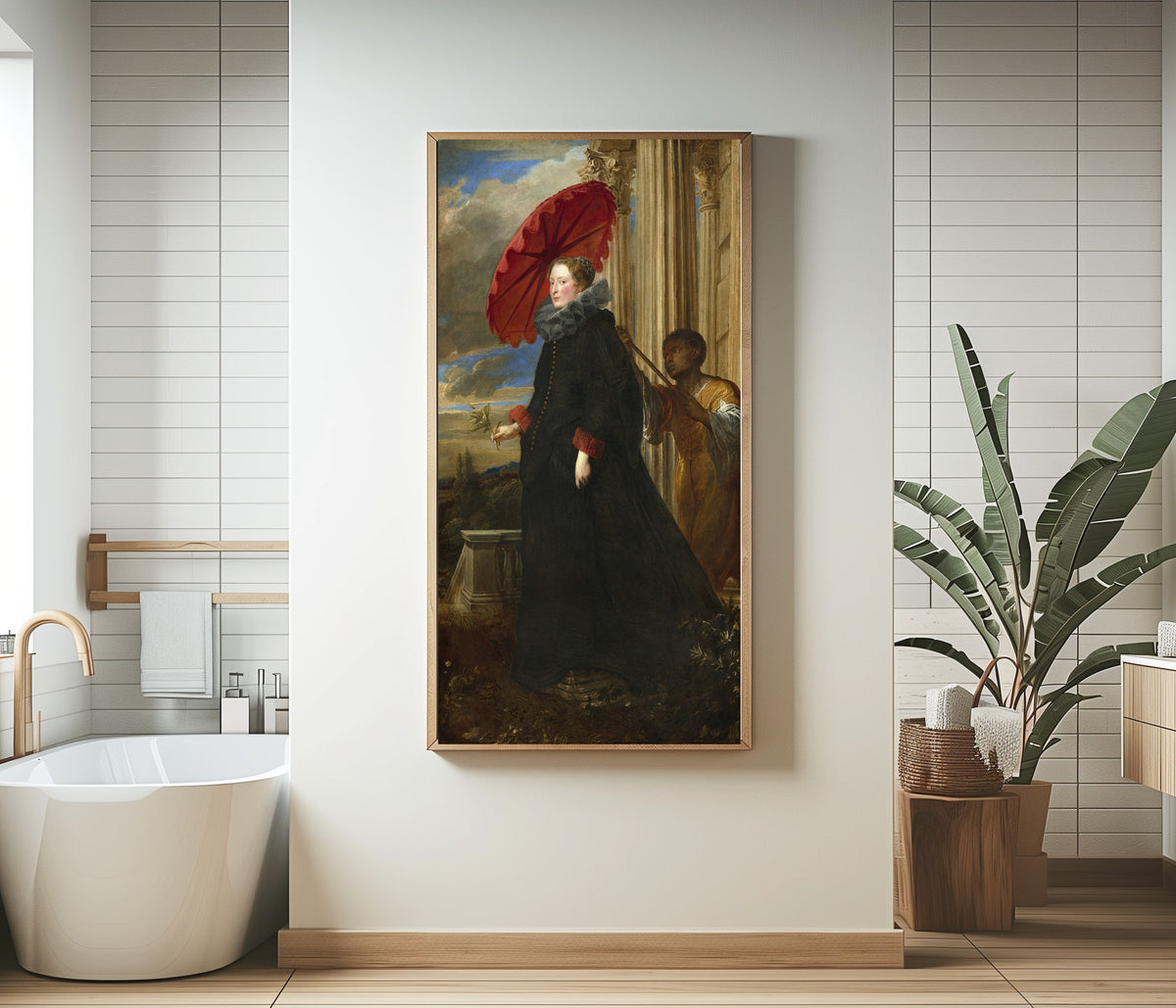 Framed art print of Marchesa Elena Grimaldi Cattaneo by Anthony van Dyck, in a bathroom beside a freestanding tub