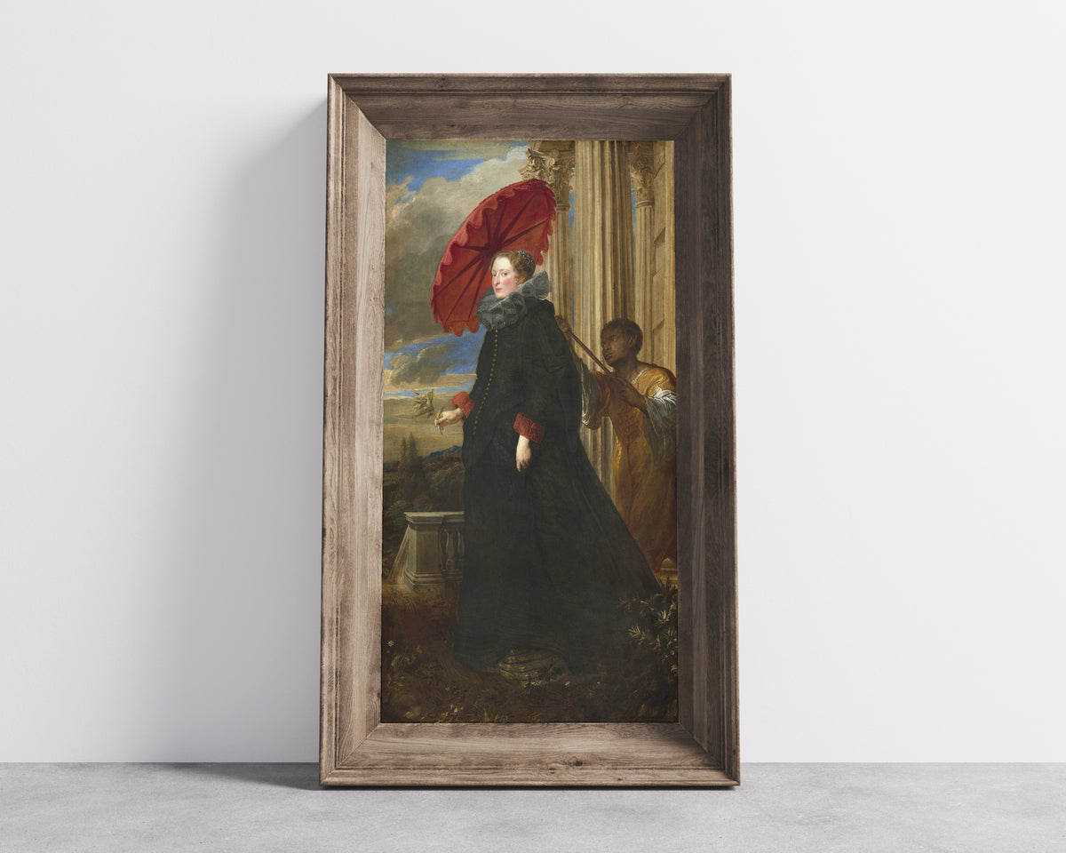 Framed art print of Marchesa Elena Grimaldi Cattaneo by Anthony van Dyck, in a wide wooden frame leaning against a concrete wall