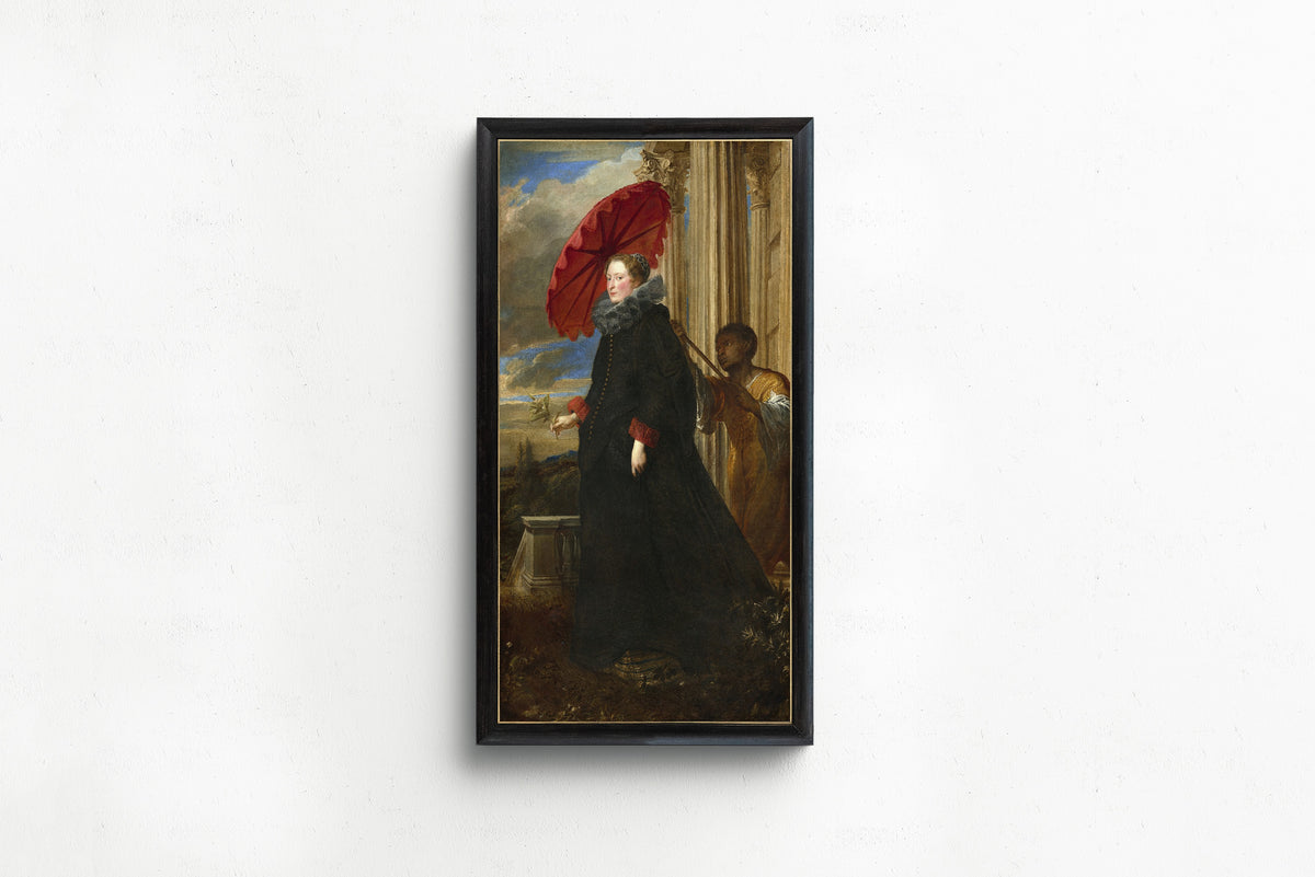 Framed art print of Marchesa Elena Grimaldi Cattaneo by Anthony van Dyck, in a slim black frame on a plain white wall