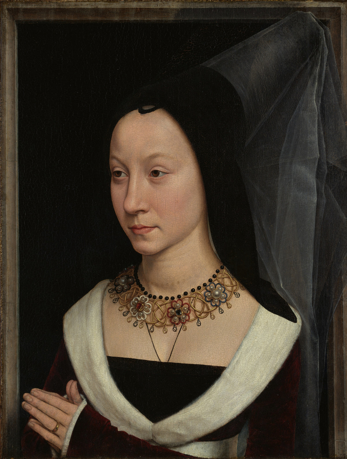 Maria Portinari (Maria Maddalena Baroncelli) by Hans Memling — A veiled woman with a jewelled collar, hands pressed in prayer