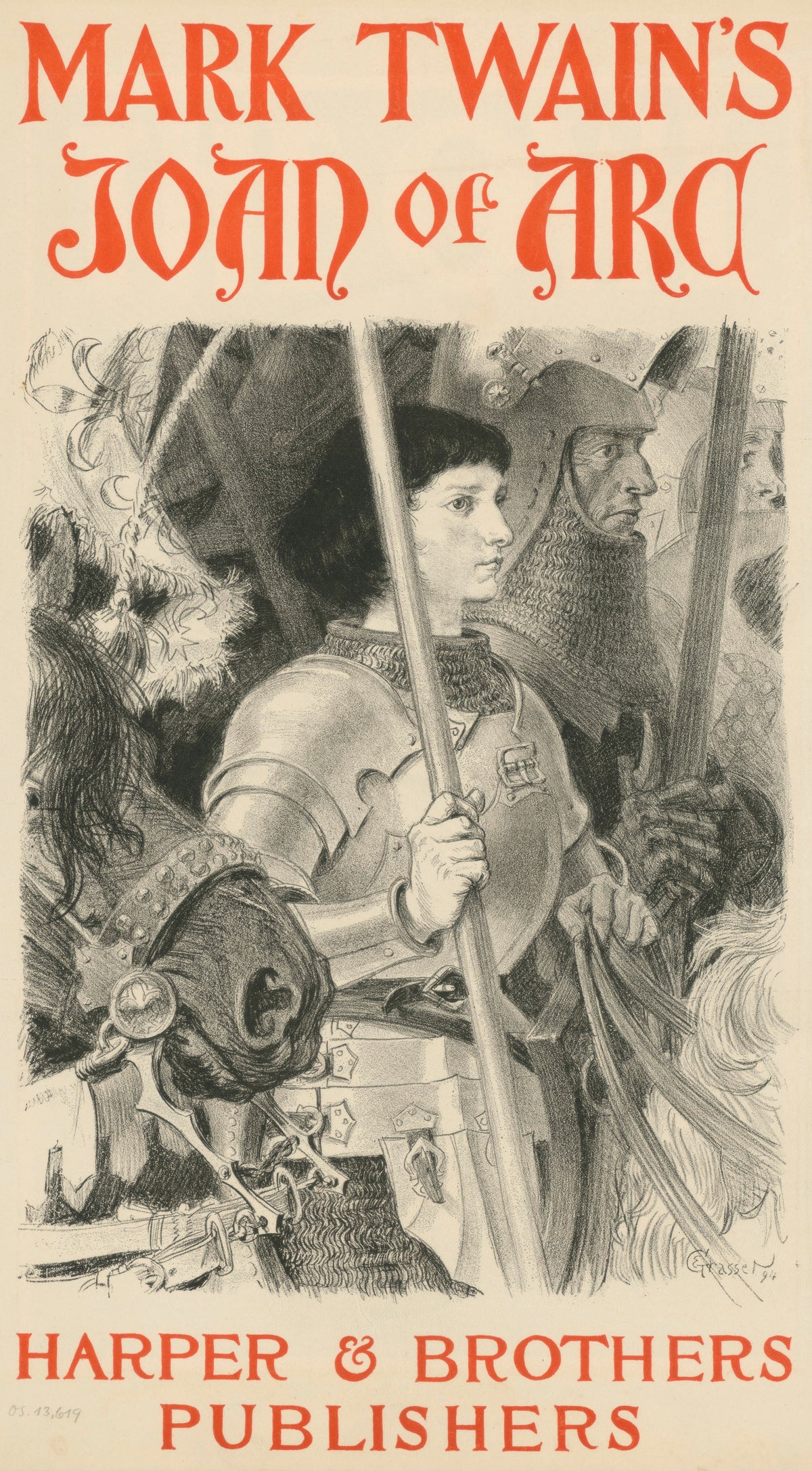 Mark Twain's Joan of Arc by Eugène Grasset — A young armoured figure grips a lance among soldiers in mail