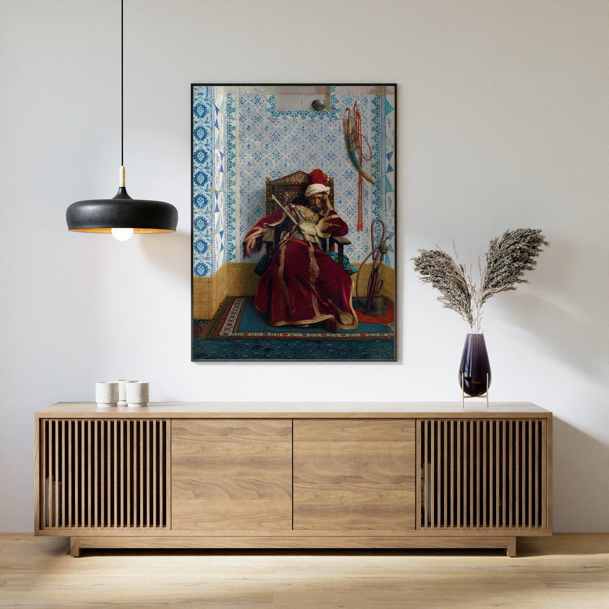 Framed art print of Markos Botsaris by Jean-Léon Gérôme, above a slatted wood sideboard