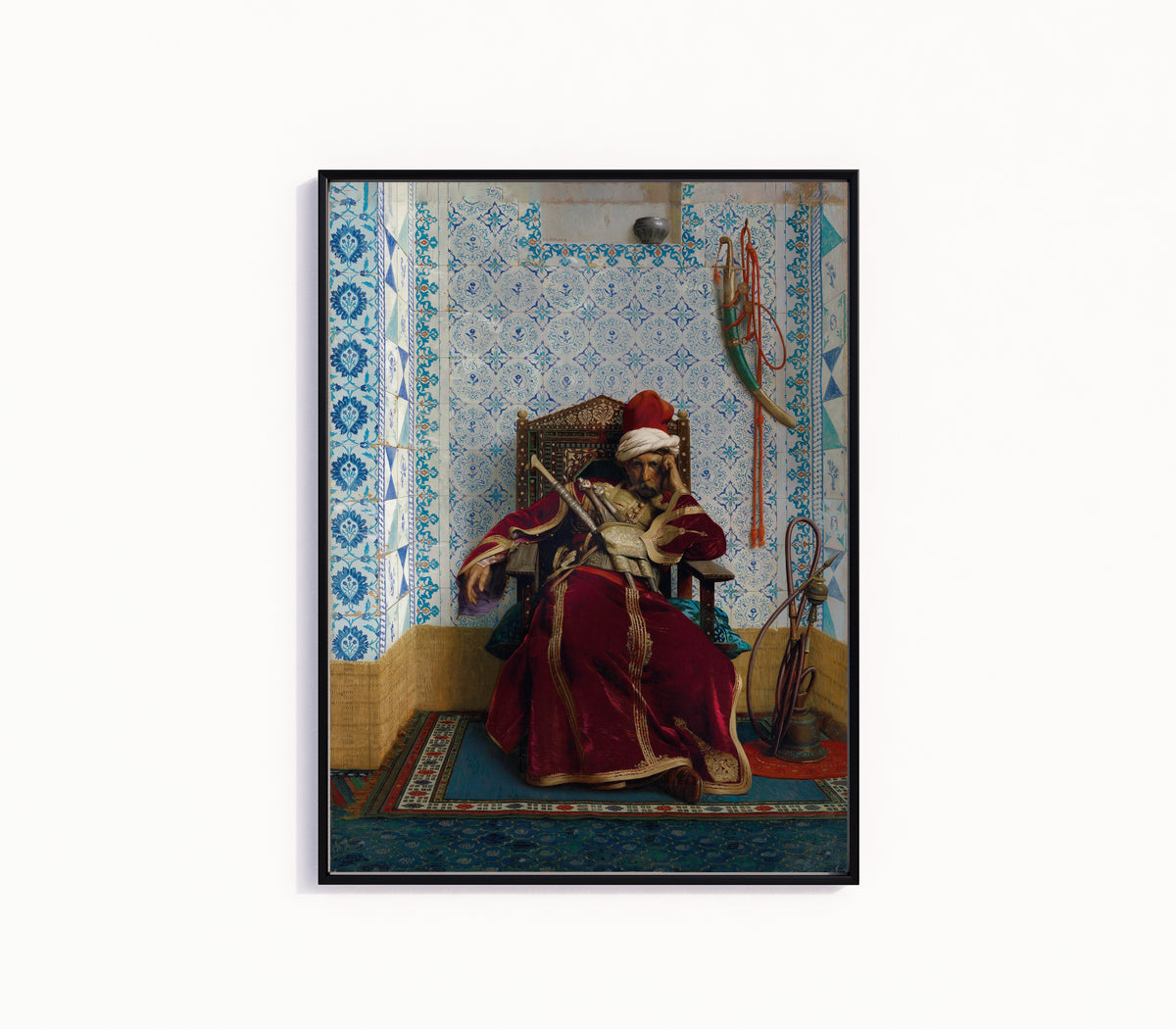 Framed art print of Markos Botsaris by Jean-Léon Gérôme, in a slim black frame on a plain white wall