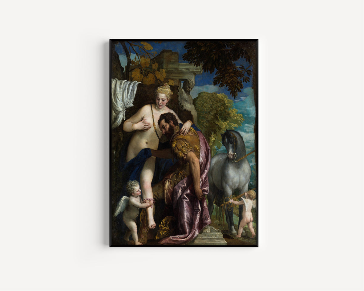 Framed art print of Mars and Venus United by Love by Paolo Veronese, in a slim black frame on a plain white wall
