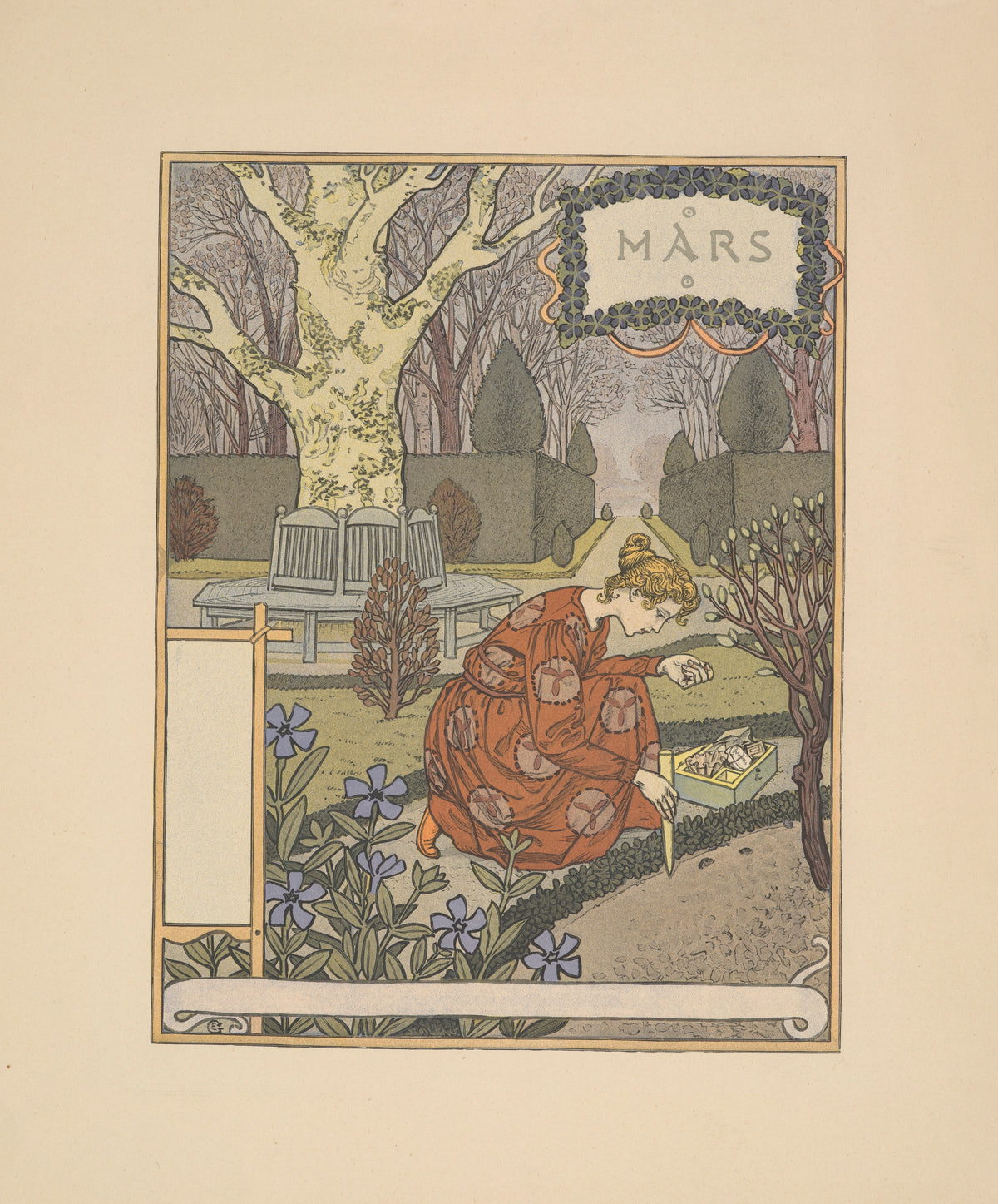 Mars by Eugène Grasset — A woman in a red gown plants seeds in an early-spring garden