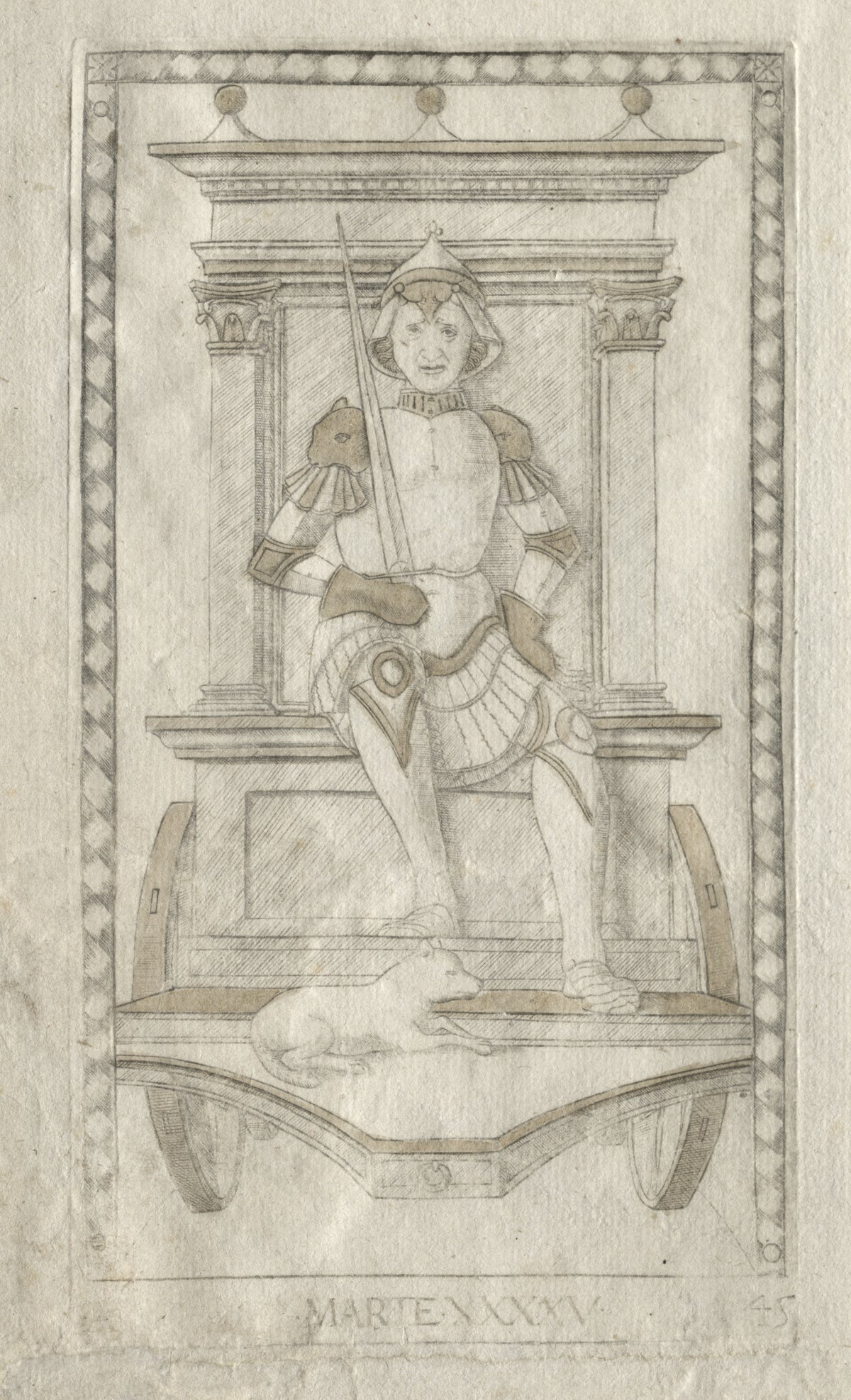 Mars (from the Tarocchi, Series A: Firmaments of the Universe, no. 45) by Master of the E-Series Tarocchi — Armoured Mars enthroned on a chariot with a wolf at