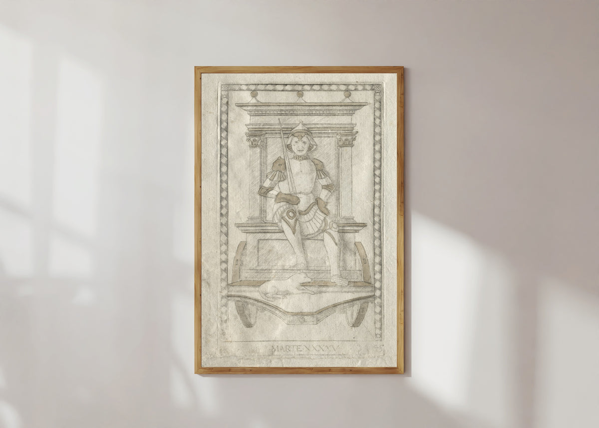 Framed art print of Mars (from the Tarocchi, Series A: Firmaments of the… by Master of the E-Series Tarocchi, in a light wood frame on a sunlit white wall