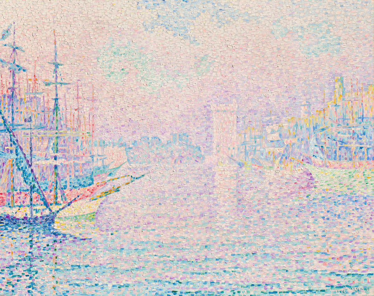 Marseille, The Old Port by Paul Signac — A tall ship and a forest of masts dissolving in pink haze