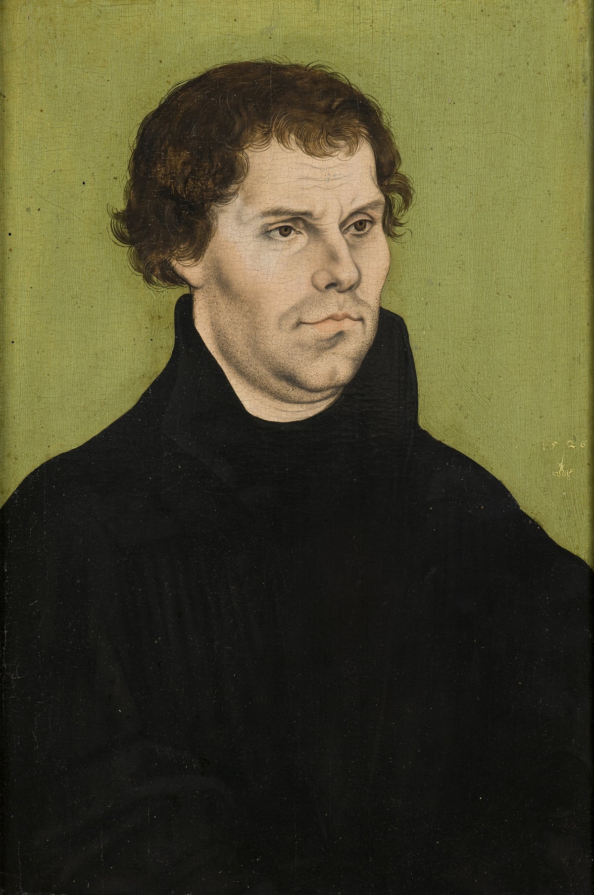 Martin Luther by Lucas Cranach the Elder — A man in a black gown and high collar against a flat green ground