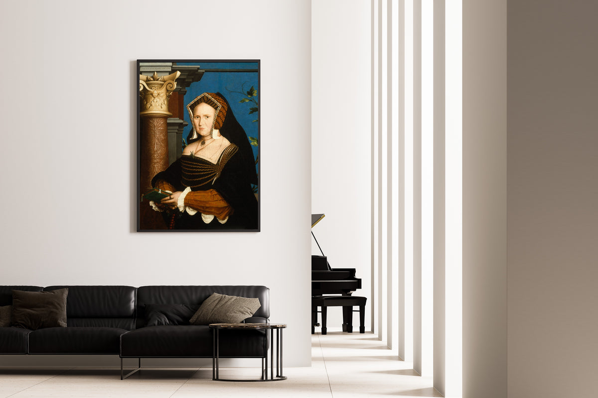 Framed art print of Mary, Lady Guildford by Hans Holbein the Younger, on the wall of a minimal living room