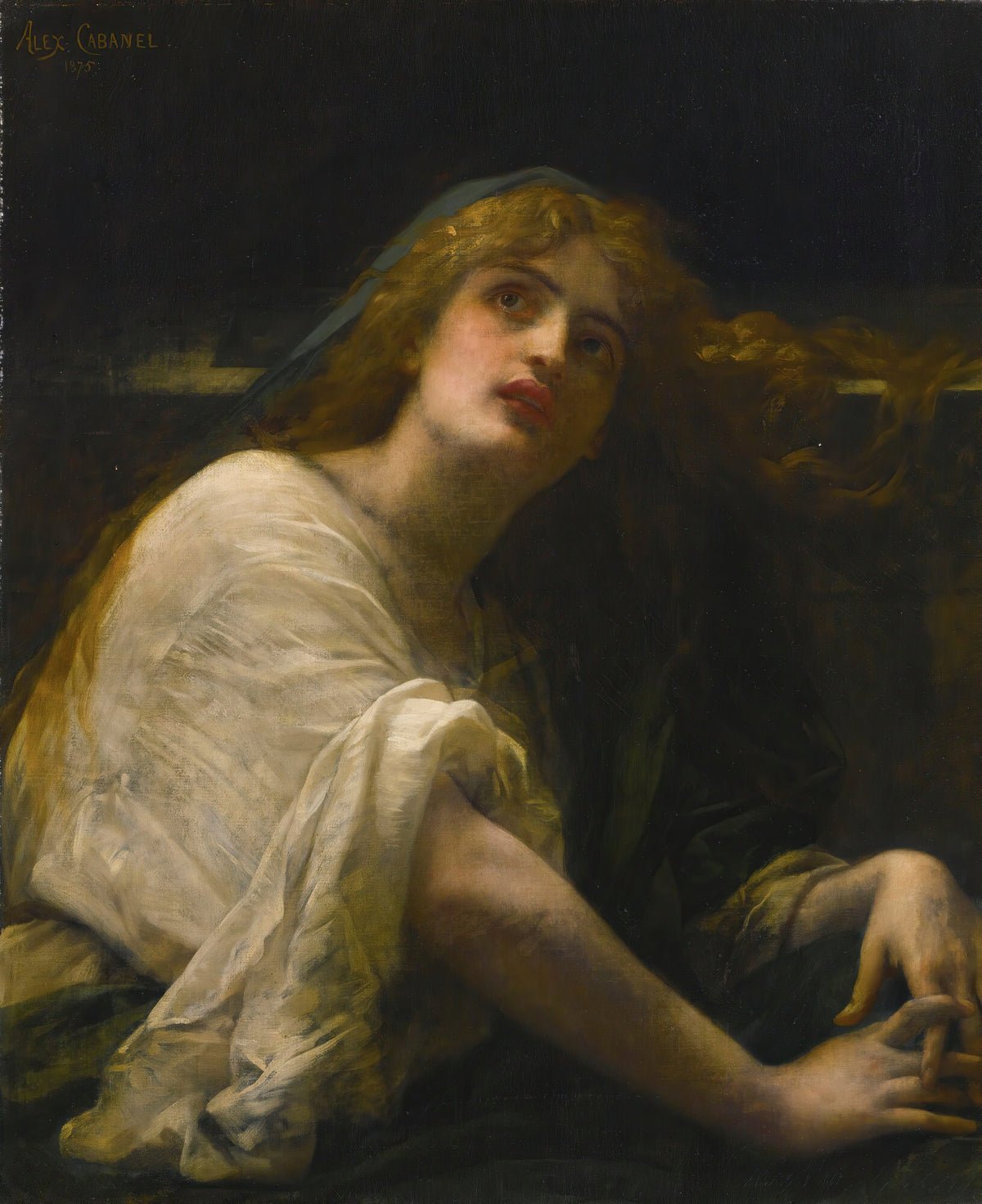 Mary Magdalene at the Tomb by Alexandre Cabanel — Mary Magdalene looks upward, her hands on the edge of the tomb