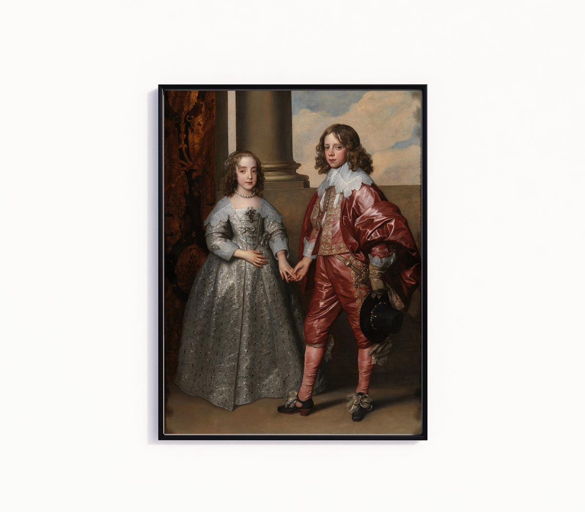 Framed art print of Mary Stuart and William II by Anthony van Dyck, in a slim black frame on a plain white wall
