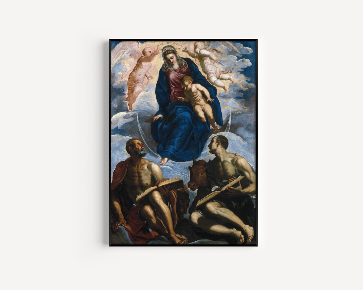 Framed art print of Mary with the Child, Venerated by St. Marc and St. Luke by Tintoretto, in a slim black frame on a plain white wall