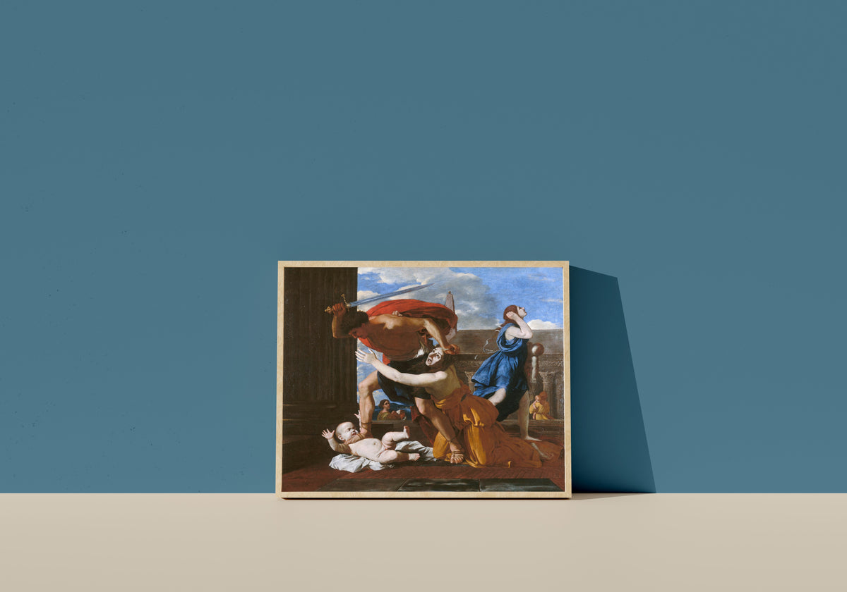 Framed art print of Massacre of the Innocents by Nicolas Poussin, in a light wood frame leaning on a blue wall