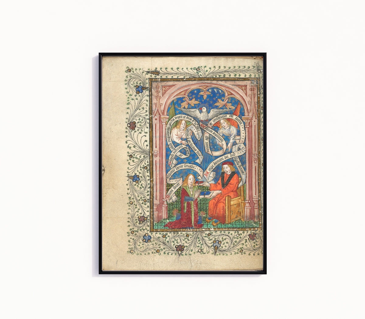 Framed art print of Master and Pupil (The Ordinall of Alchemy, 1477) by Unknown artist, in a slim black frame on a plain white wall