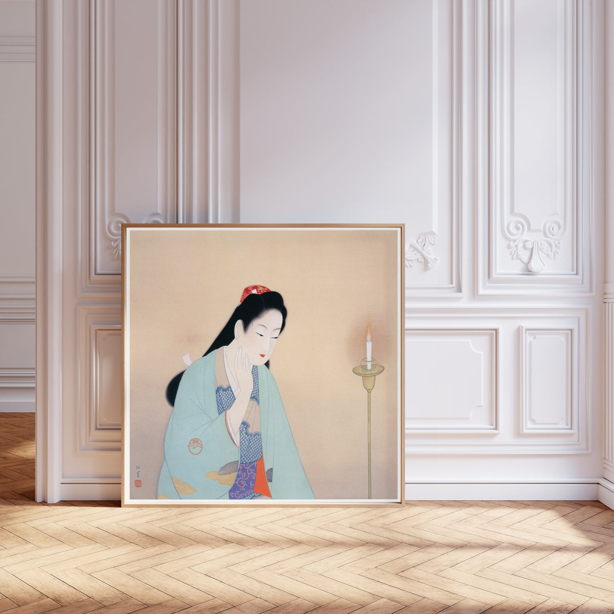 Meditation by Uemura Shōen — shown framed on a wall