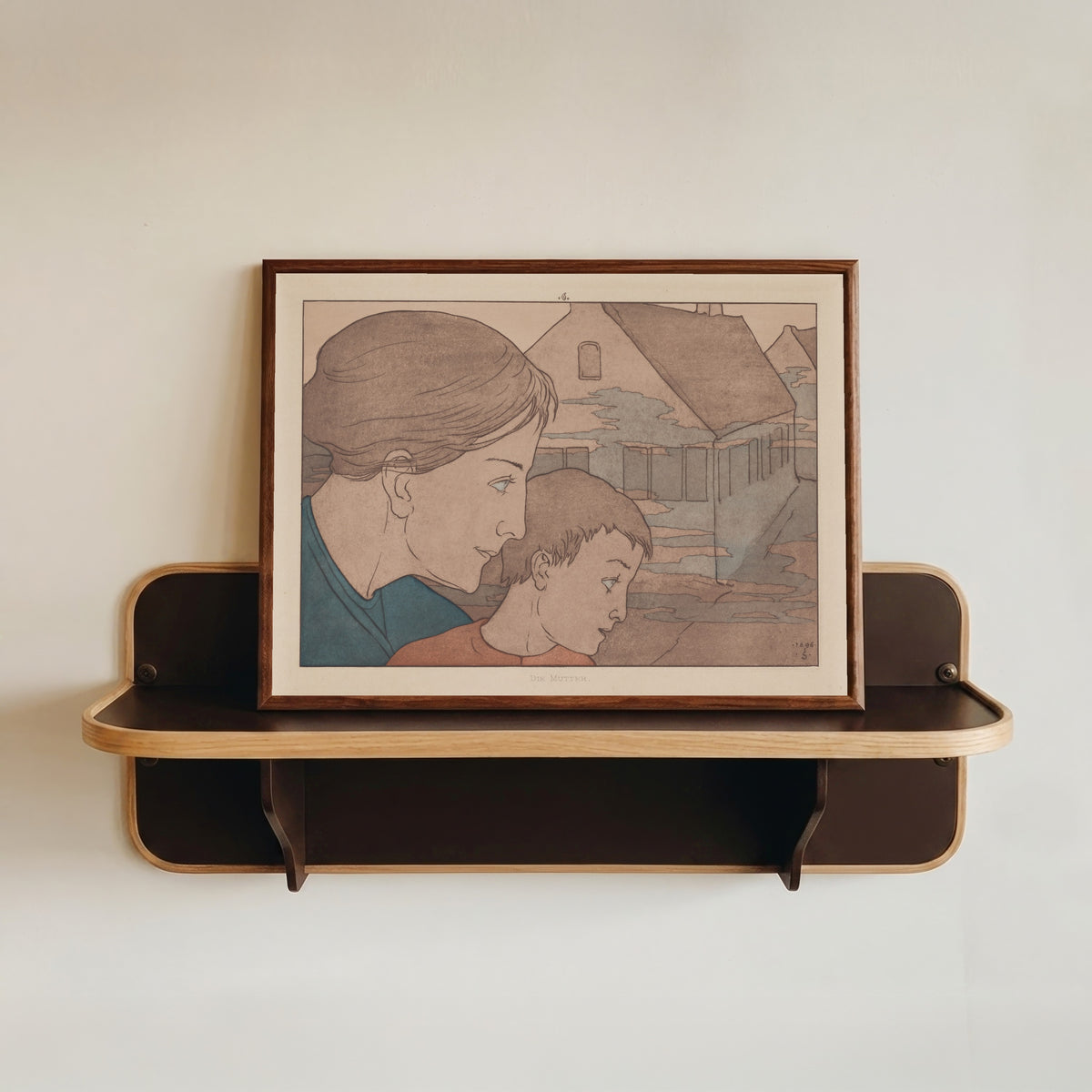 Framed art print of Meine Harmonie: Plate 10 by Joseph Sattler, in a dark wood frame resting on a wall shelf