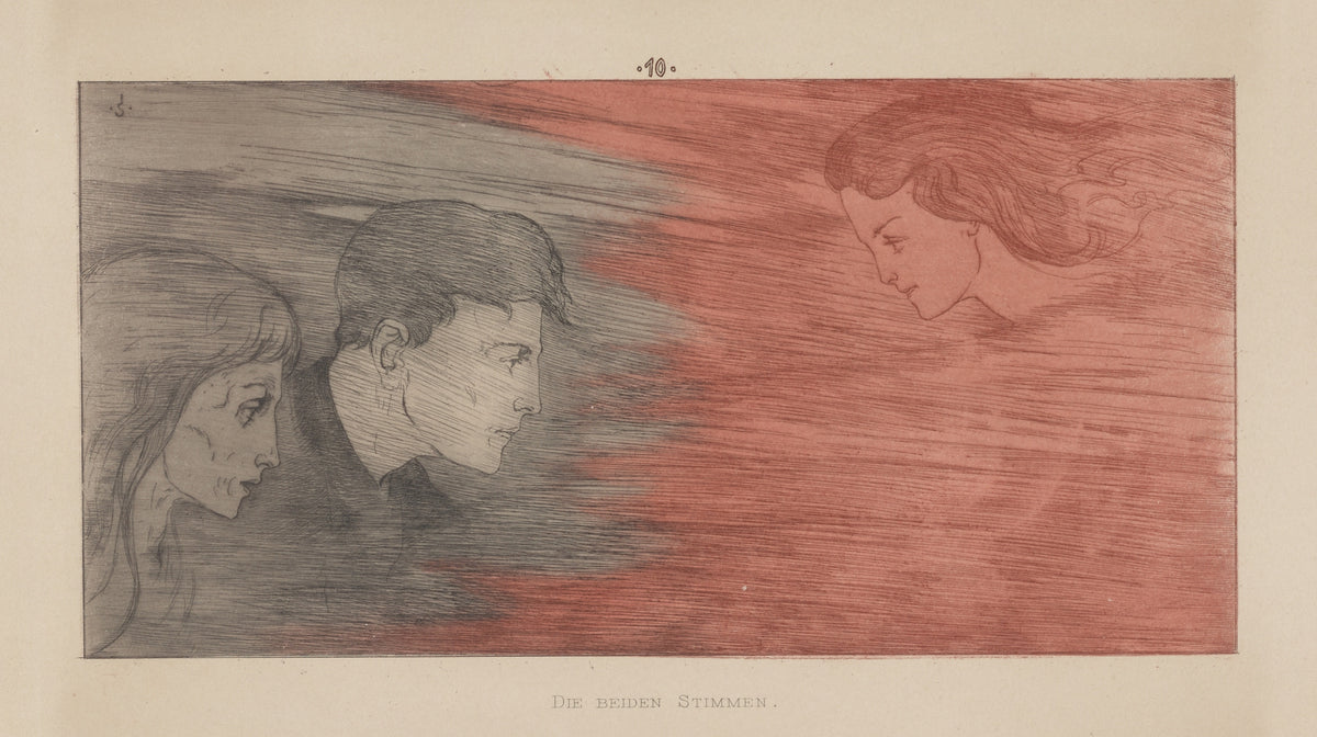 Meine Harmonie: Plate 14 by Joseph Sattler — Three heads drift from grey shadow toward a flame-red face
