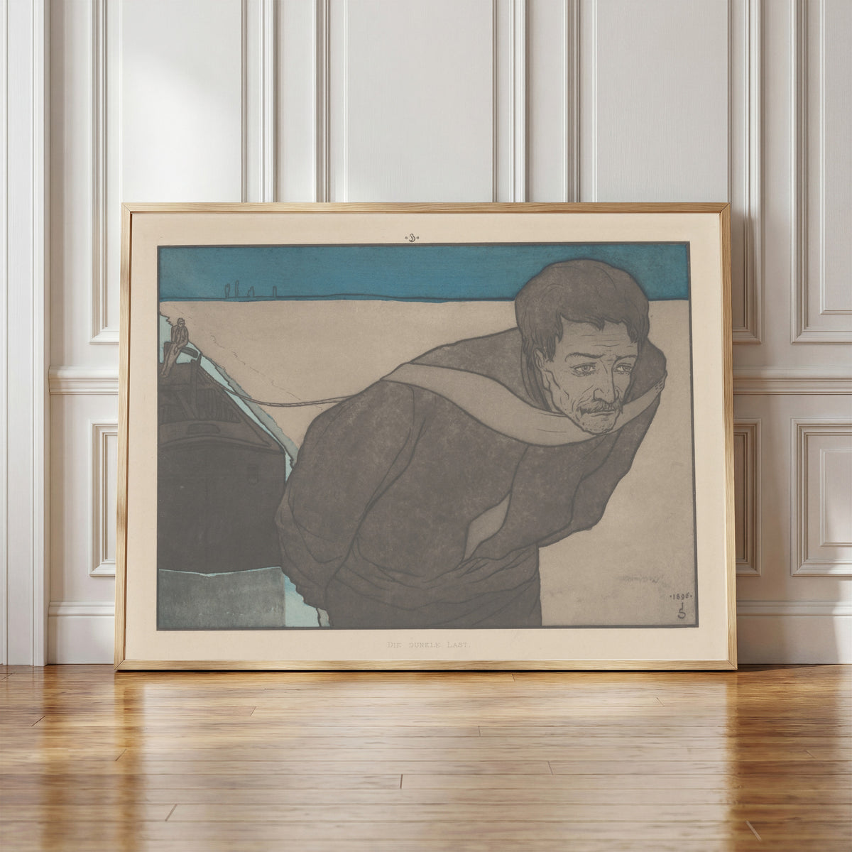 Framed art print of Meine Harmonie: Plate 7 by Joseph Sattler, in a light wood frame leaning against a panelled white wall