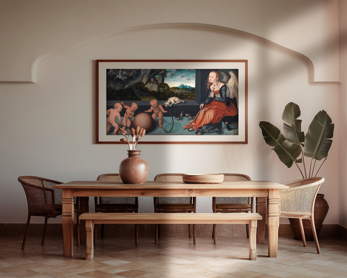 Framed art print of Melancholy by Lucas Cranach the Elder, above a wooden dining table