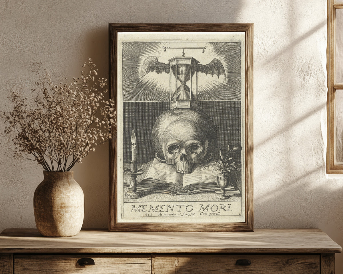 Framed art print of Memento Mori by Hendrick Hondius I, in a dark wood frame leaning on a rustic console beside dried flowers