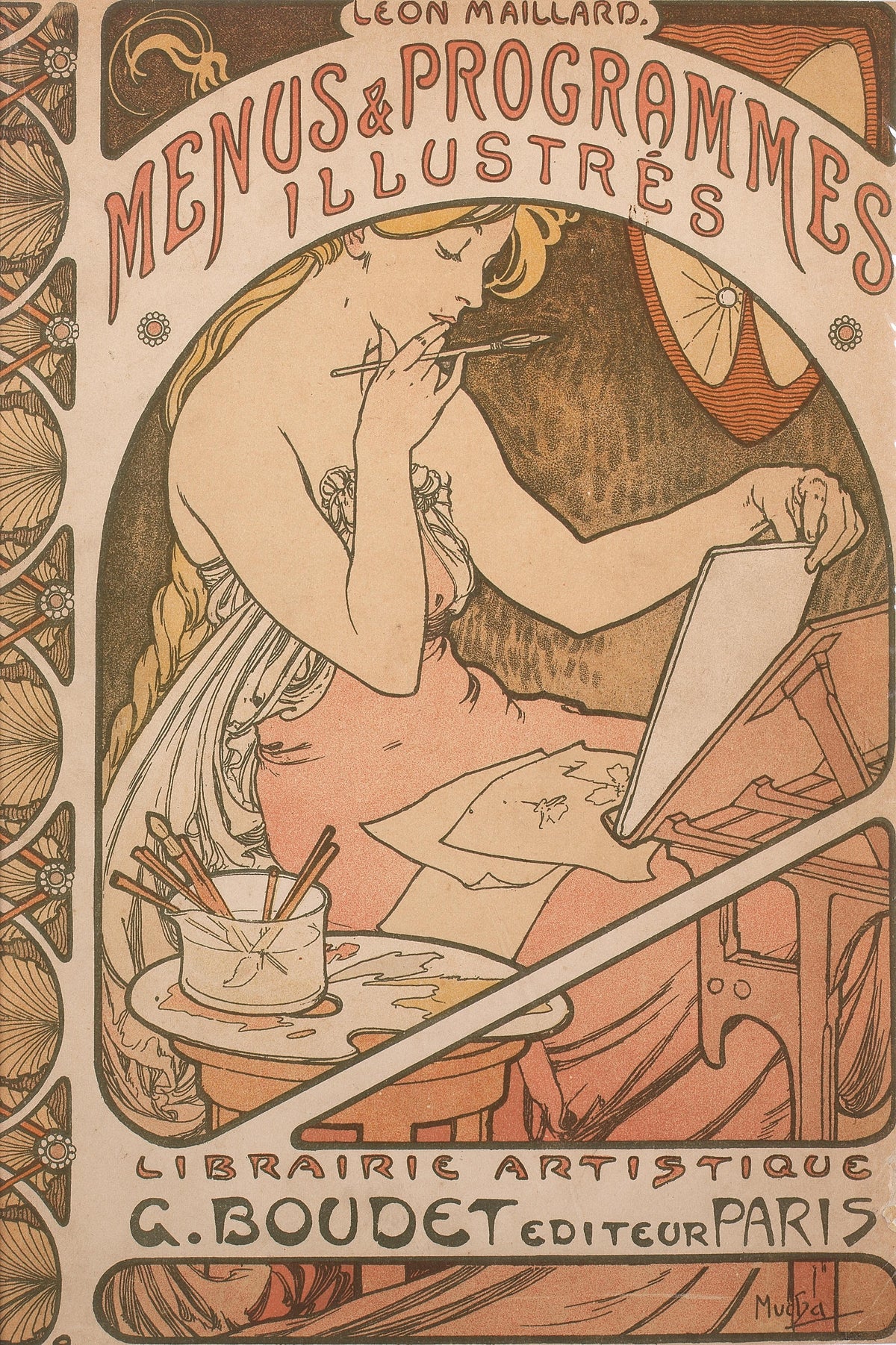 Menus et Programmes illustrés by Alphonse Mucha — A woman in profile pauses with a brush at her lips beside an easel