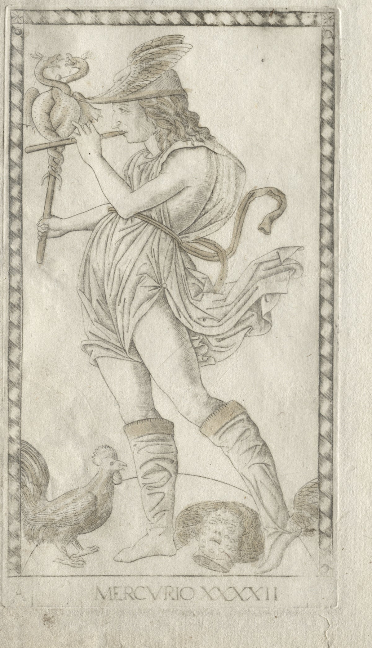 Mercury (from the Tarocchi, Series A: Firmaments of the Universe, no. 42) by Master of the E-Series Tarocchi — Winged-hatted Mercury plays a pipe, a caduceus
