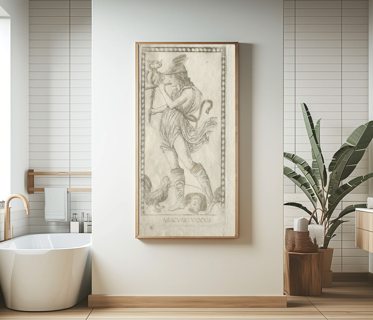 Framed art print of Mercury (from the Tarocchi, Series A: Firmaments of the… by Master of the E-Series Tarocchi, in a bathroom beside a freestanding tub