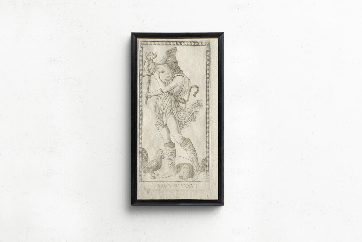 Framed art print of Mercury (from the Tarocchi, Series A: Firmaments of the… by Master of the E-Series Tarocchi, in a slim black frame on a plain white wall