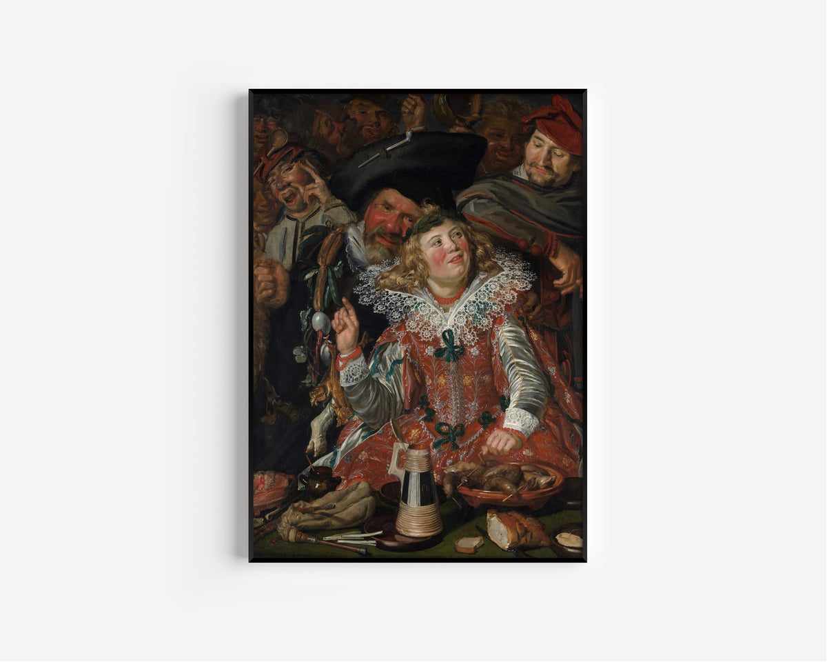 Framed art print of Merrymakers at Shrovetide by Frans Hals, in a slim black frame on a plain white wall