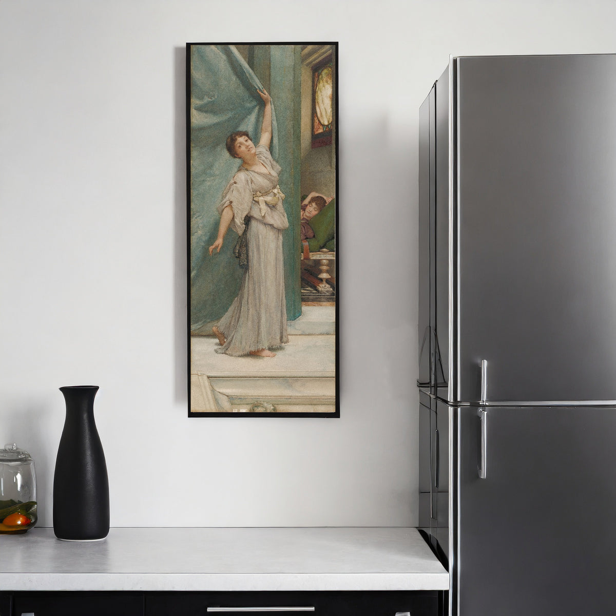 Framed art print of Midday Slumbers by Lawrence Alma-Tadema, on a kitchen wall