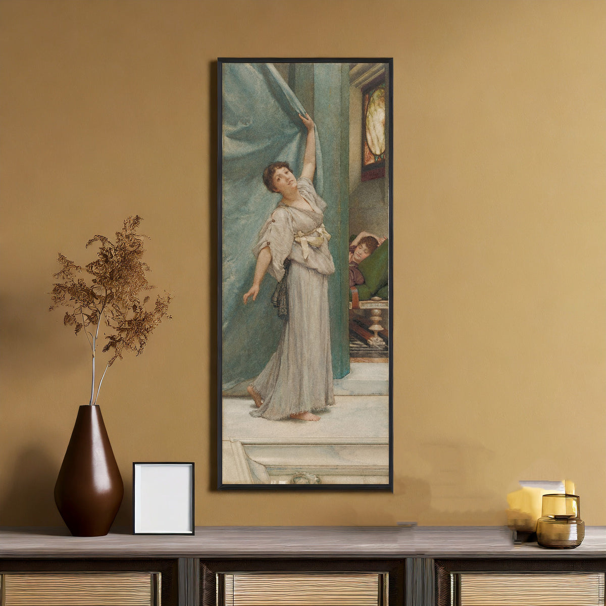Framed art print of Midday Slumbers by Lawrence Alma-Tadema, on an ochre wall above a console table