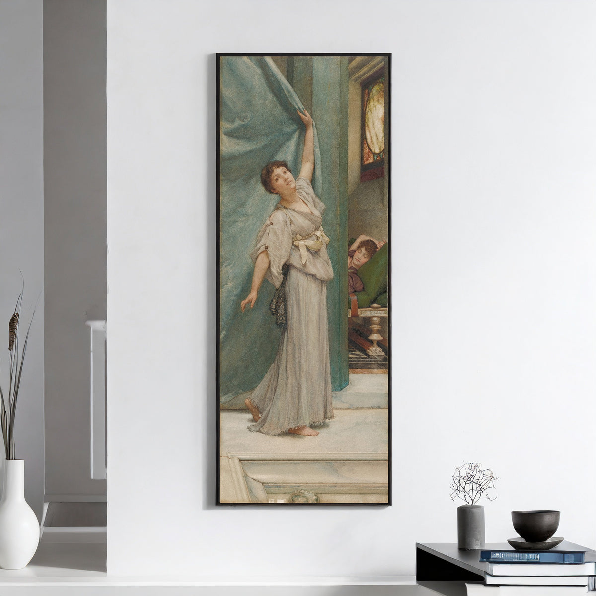 Framed art print of Midday Slumbers by Lawrence Alma-Tadema, on a white wall above books and a bowl
