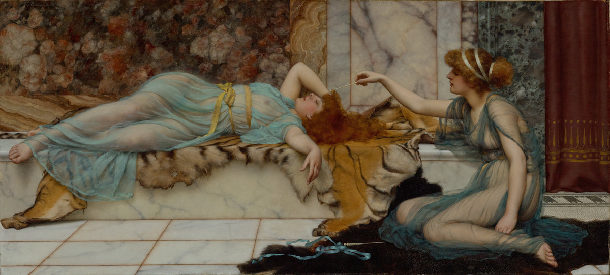 Mischief and Repose by John William Godward — A woman on a tiger skin teases her sleeping companion with a stem
