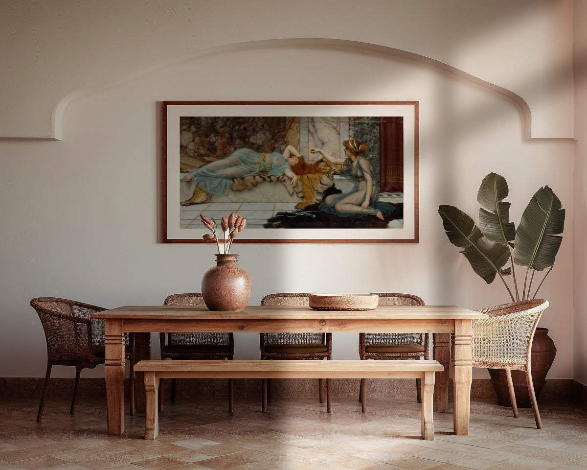 Framed art print of Mischief and Repose by John William Godward, above a wooden dining table