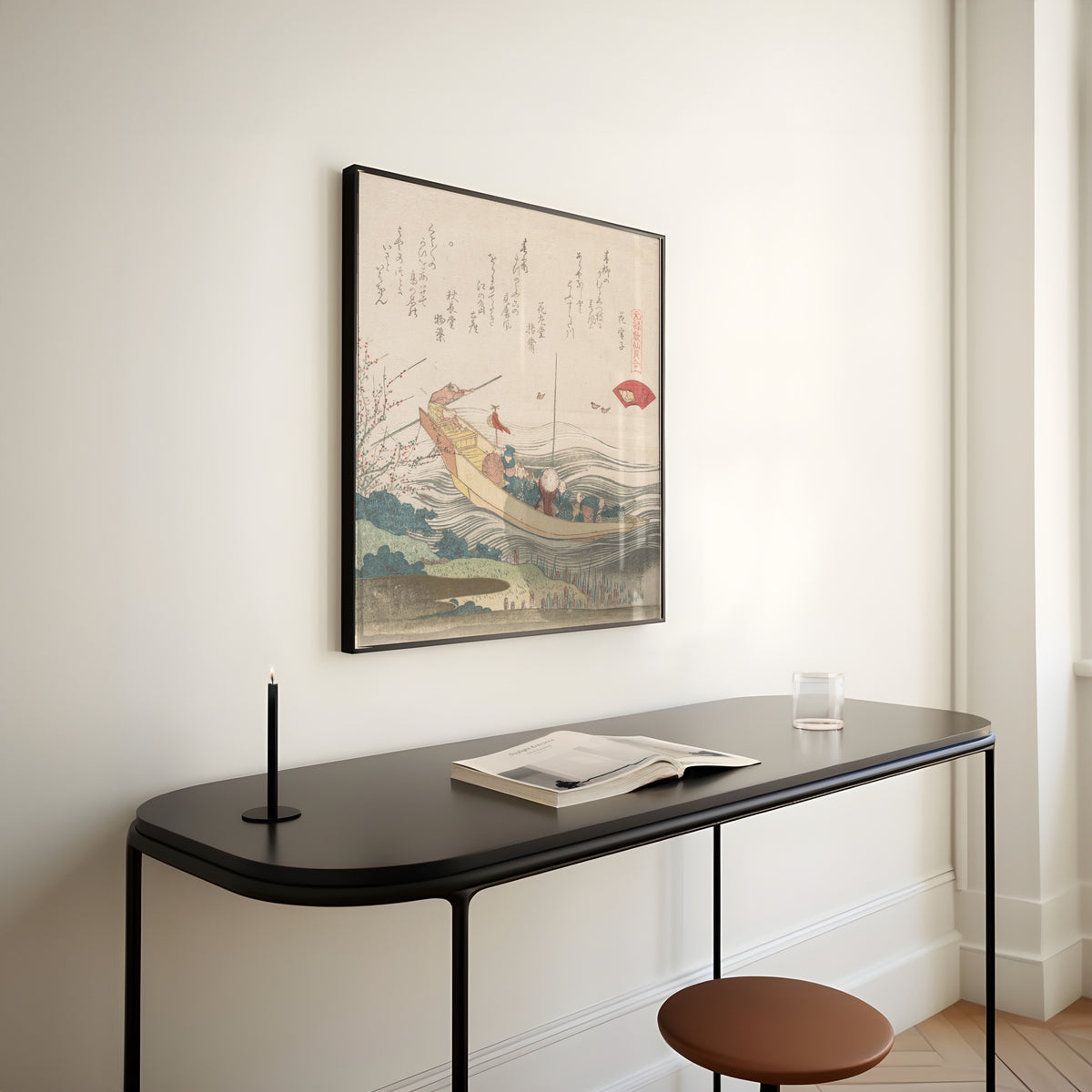 Framed art print of Miyako Shell by Katsushika Hokusai, above a slim black console table