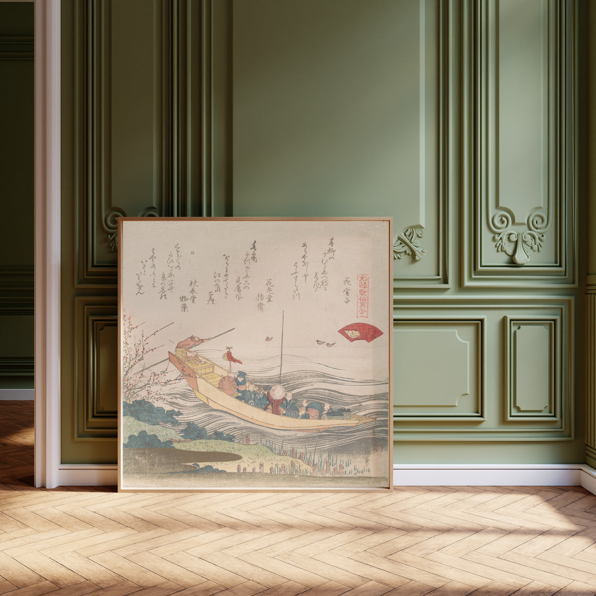 Framed art print of Miyako Shell by Katsushika Hokusai, leaning against olive-green panelling on a herringbone floor