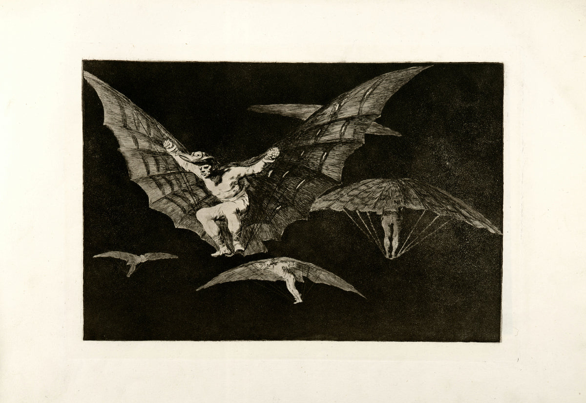 Modo de volar (A Way of Flying), from Los Disparates by Francisco de Goya — Men glide on great bat-like wings across a black sky