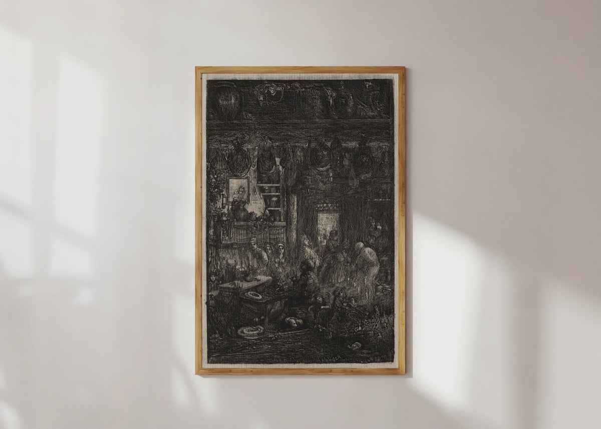 Framed art print of Moldavian Interior by Rodolphe Bresdin, in a light wood frame on a sunlit white wall
