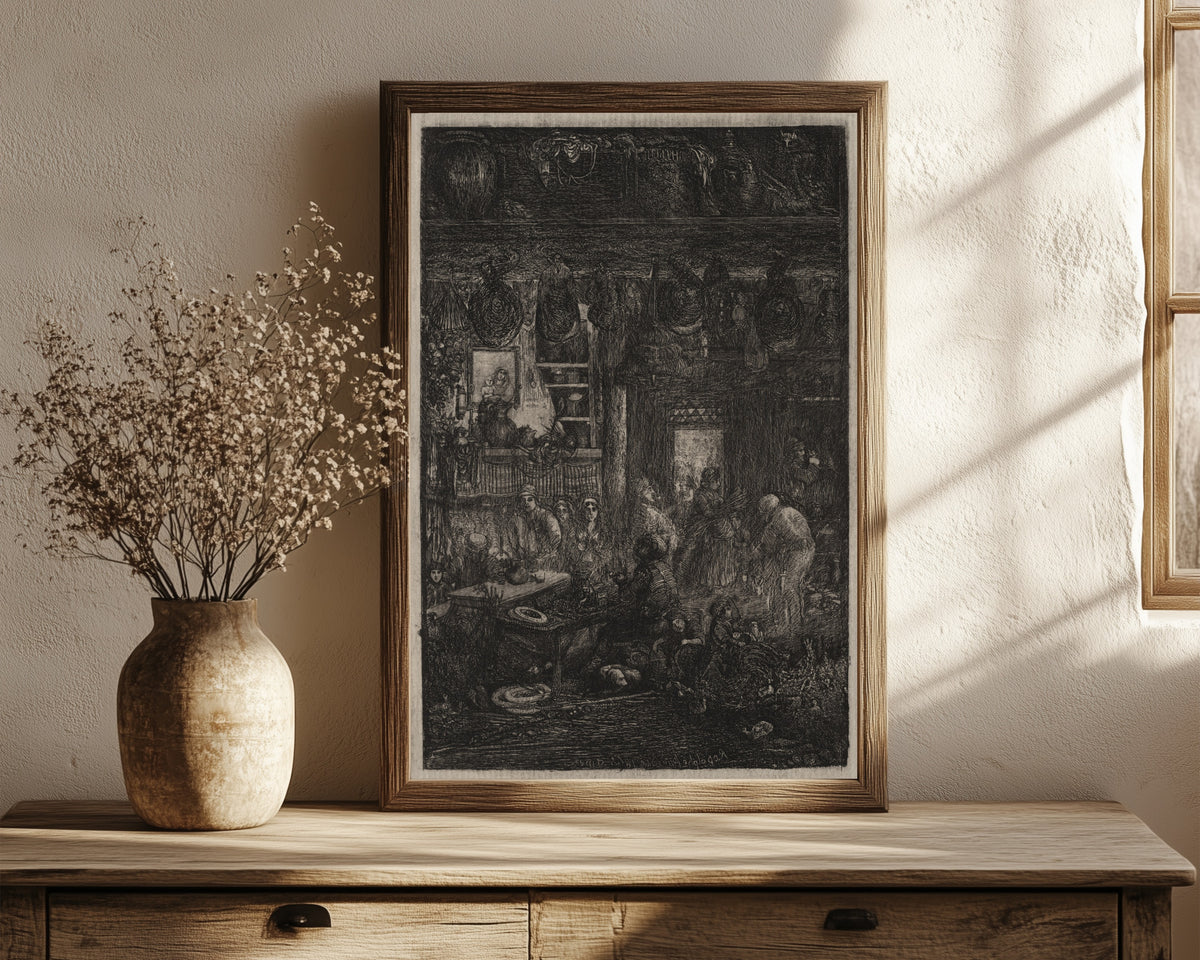 Framed art print of Moldavian Interior by Rodolphe Bresdin, in a dark wood frame leaning on a rustic console beside dried flowers