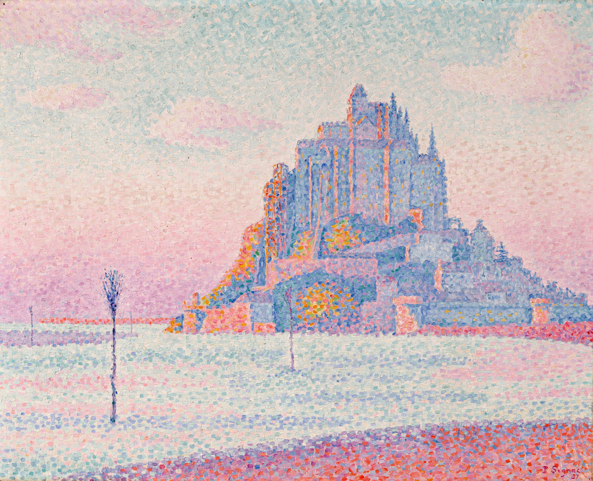 Mont Saint-Michel, Setting Sun by Paul Signac — A towered mount in blue and violet under a pink sky