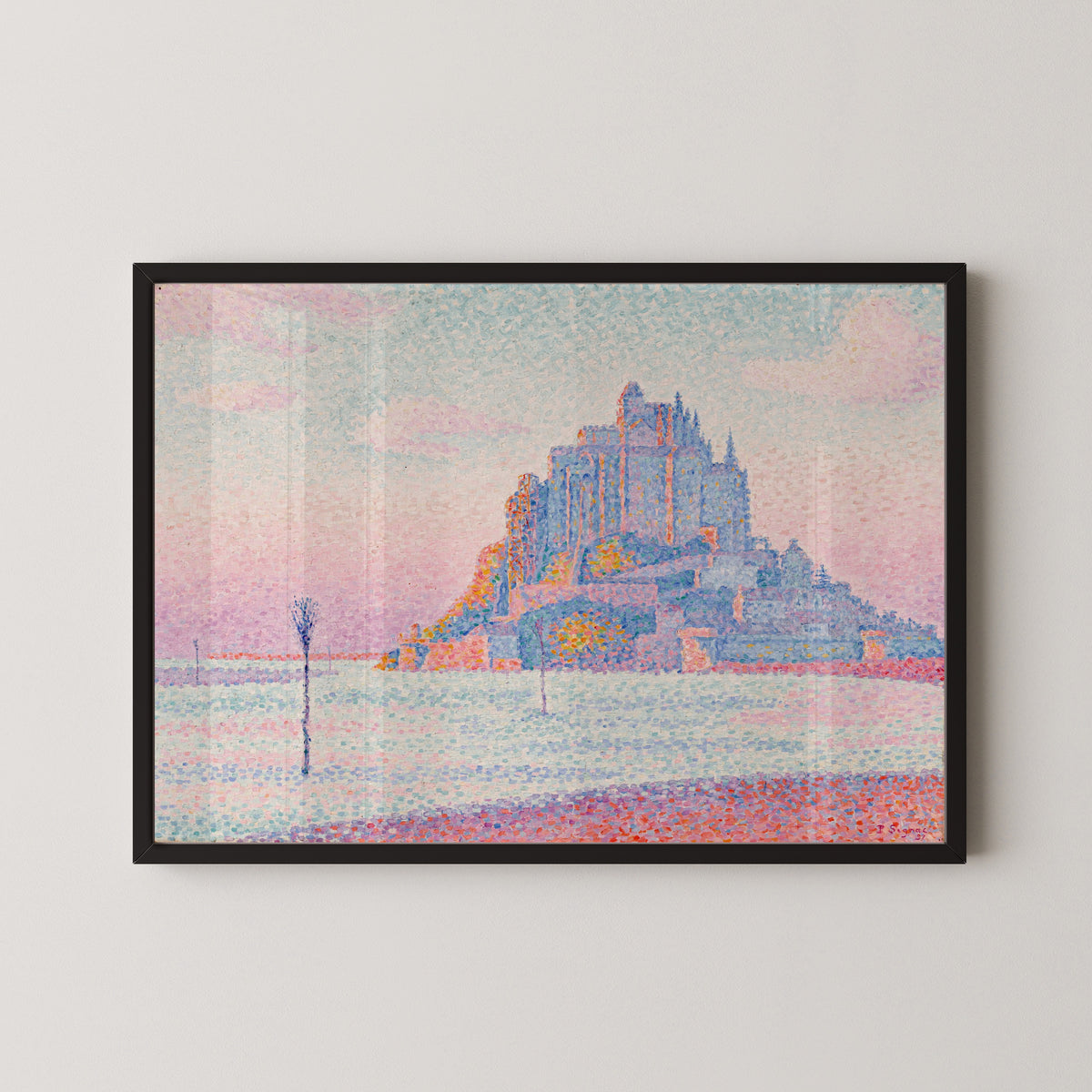 Framed art print of Mont Saint-Michel, Setting Sun by Paul Signac, in a black frame on a pale wall