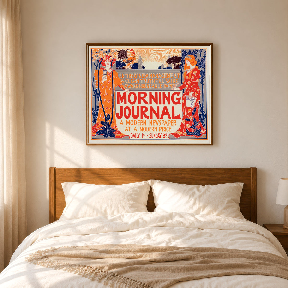 Framed art print of Morning Journal by Louis Rhead, in a slim wood frame above a bed in a sunlit bedroom